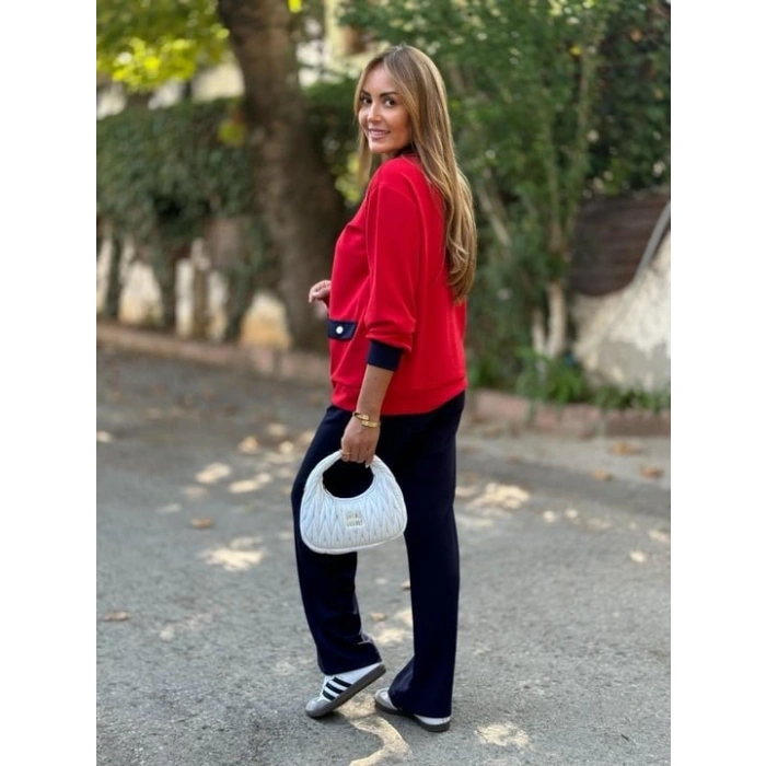 Kadın Uzun Kollu Ribanali Cep Detay Hırka Ve Bol Paça Pantolon Ikili Takım