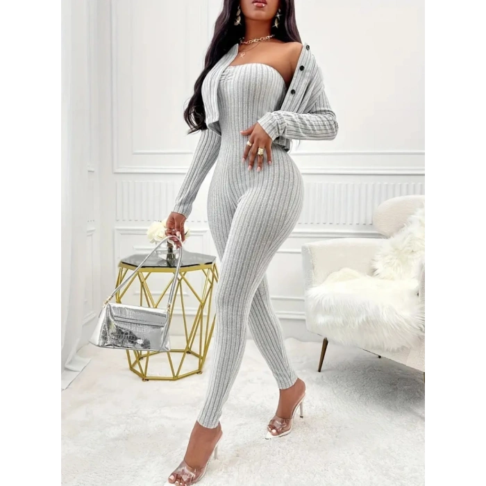 Kadın Uzun Kollu şardonlu Kaşkorse Straplez Ile Kısa önden Düğmeli Ceket Ikili Takım