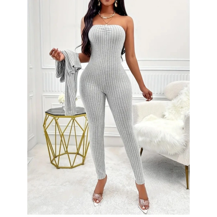 Kadın Uzun Kollu şardonlu Kaşkorse Straplez Ile Kısa önden Düğmeli Ceket Ikili Takım