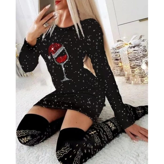 Kadın Uzun Kollu Taş Kadeh Baskı Mikro Kumaş Mini Boy Elbise (çorapsız)