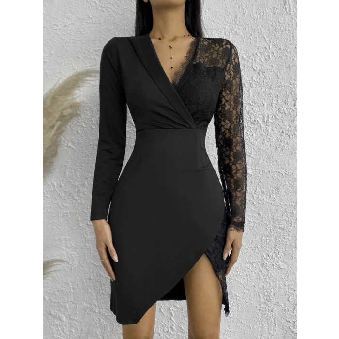 Kadın Uzun Kollu Tek Kolu Dantel Detay V Yakalı Yırtmaçlı Dalgıç Elbise