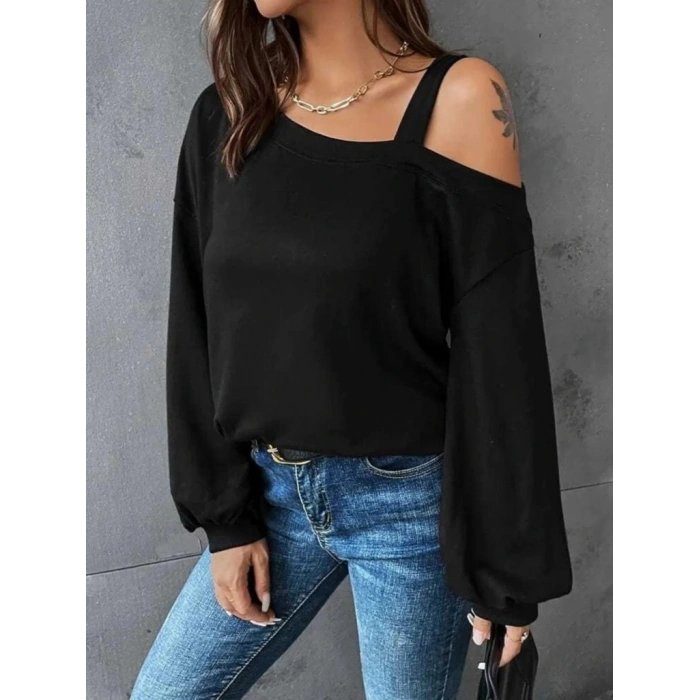 Kadın Uzun Kollu Tek Omuz Askı Detay Salaş Viskon Iki Iplik Bluz