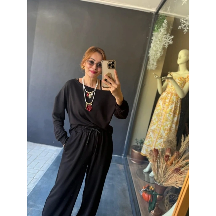 Kadın Uzun Kollu Tek Omuzdan Açık Viskon Iki Iplik Bluz Ve Pantolon Ikili Takım