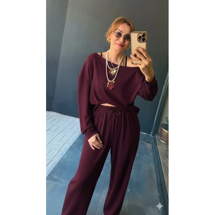 Kadın Uzun Kollu Tek Omuzdan Açık Viskon Iki Iplik Bluz Ve Pantolon Ikili Takım
