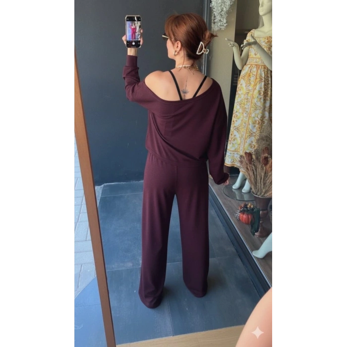 Kadın Uzun Kollu Tek Omuzdan Açık Viskon Iki Iplik Bluz Ve Pantolon Ikili Takım