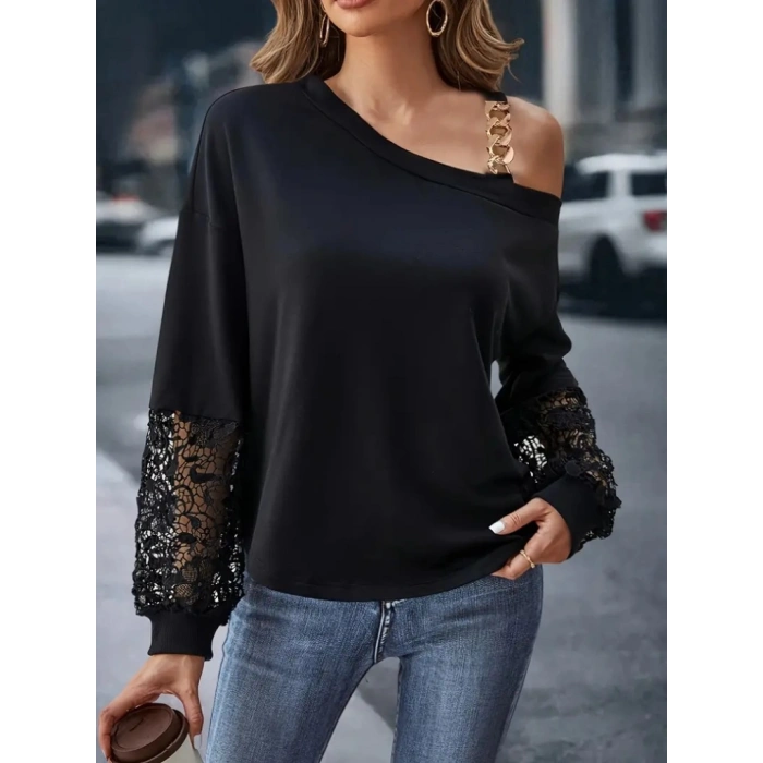 Kadın Uzun Kollu Tek Omuzu Açık Askılı Toka Ve Dantel Detay Viskon Iki Iplik Bluz