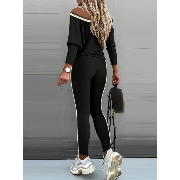 Kadın Uzun Kollu Tek Omuzu Açık Detaylı Viskon Iki Iplik Bluz Ve Pantolon Ikili Takım