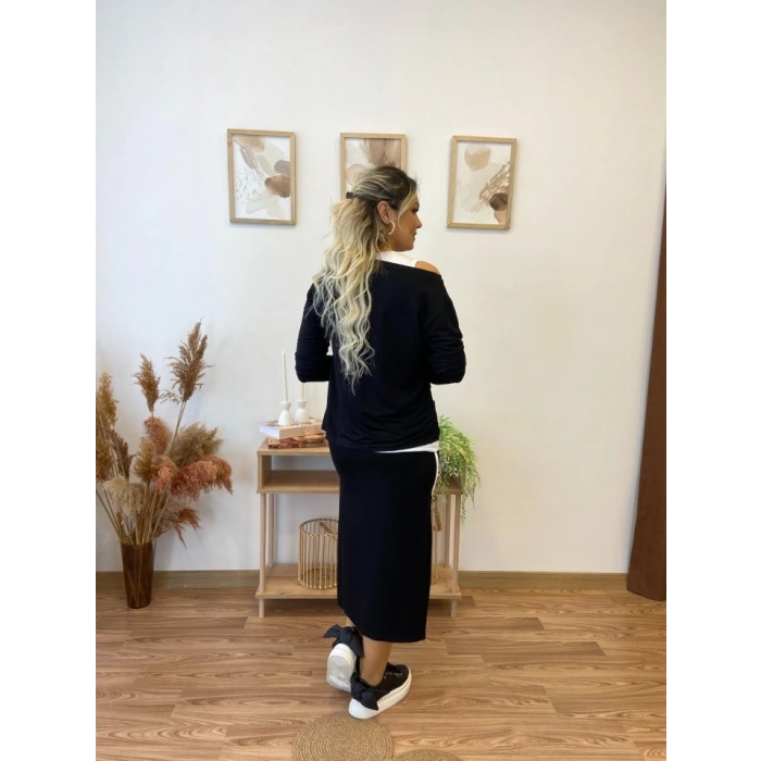 Kadın Uzun Kollu Tek Omuzu Açık Viskon Bluz Içi Atletli Ve Yandan şeritli üçlü Viskon Ikili Takım