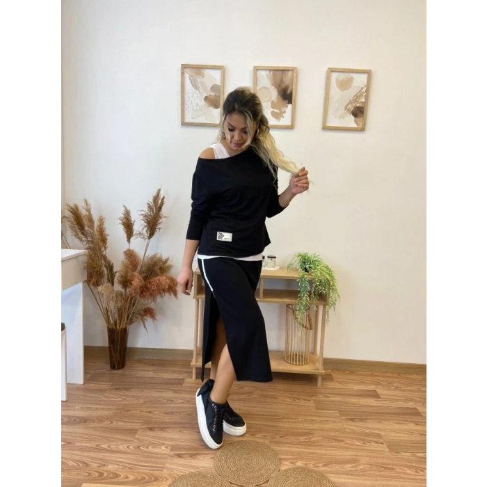 Kadın Uzun Kollu Tek Omuzu Açık Viskon Bluz Içi Atletli Ve Yandan şeritli üçlü Viskon Ikili Takım