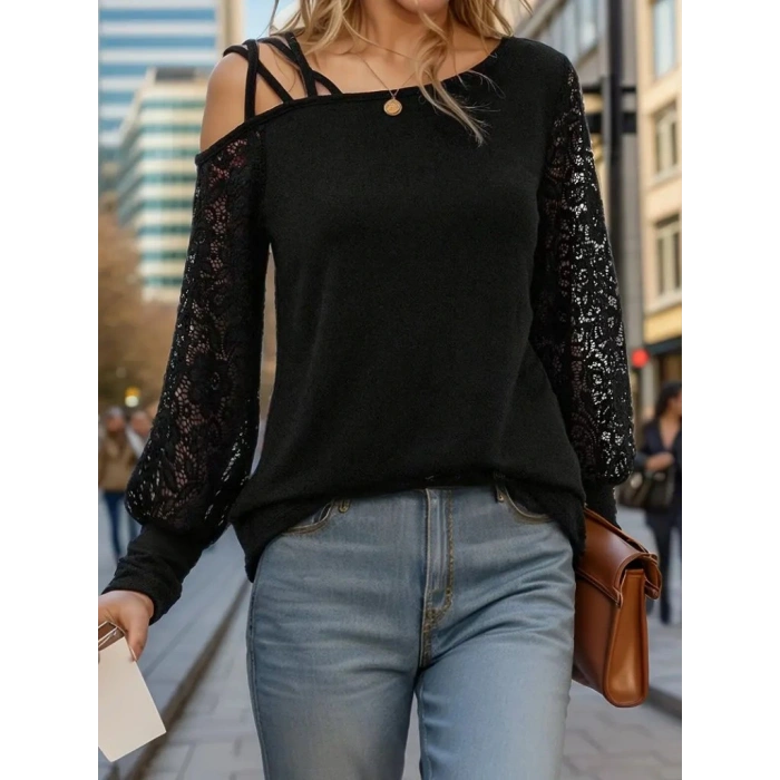 Kadın Uzun Kollu Tek Omuzu çapraz şerit Detaylı Viskon Iki Iplik Bluz