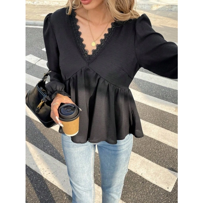Kadın Uzun Kollu V Dantel Yaka Aerobin Bluz