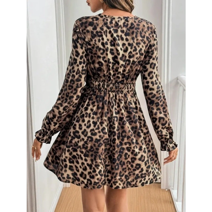 Kadın Uzun Kollu V Dantel Yakalı Leopar Desenli Modal Mini Elbise