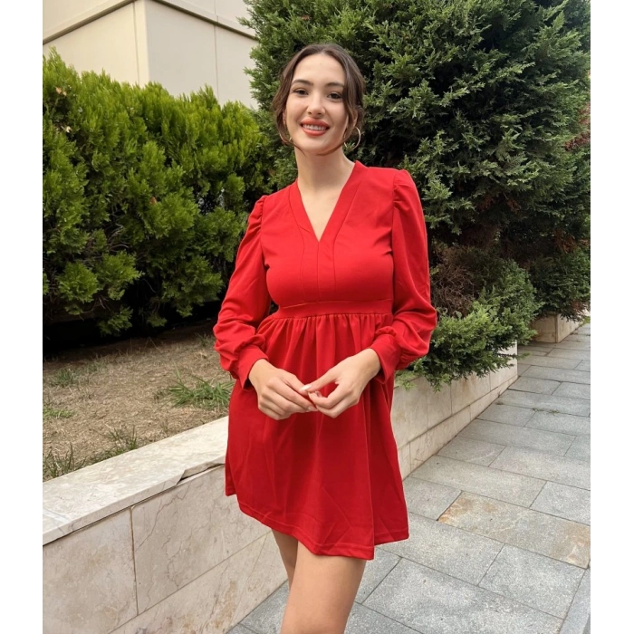 Kadın Uzun Kollu V Yaka Belden Hafif Pileli Scuba Krep Mini Boy Elbise