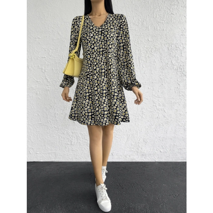 Kadın Uzun Kollu V Yaka çiçek Desenli Helen Kumaş Elbise