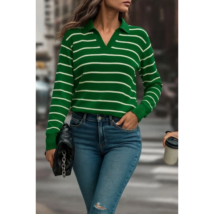 Kadın Uzun Kollu V Yaka çizgili Triko Bluz