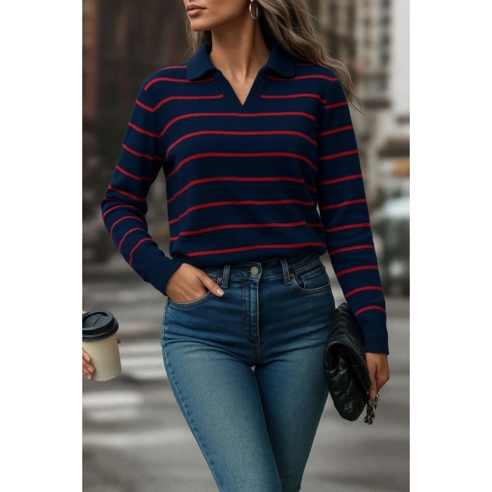 Kadın Uzun Kollu V Yaka çizgili Triko Bluz
