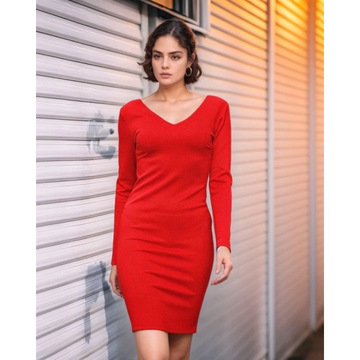 Kadın Uzun Kollu V Yaka ırt Dekolteli cuba Dalgıç Kumaş Mini Elbise