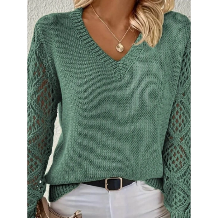 Kadın Uzun Kollu V Yaka Kol Delikli Baklava Desen Detaylı Triko Kazak