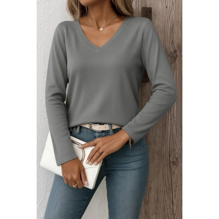 Kadın Uzun Kollu V Yaka Triko Bluz
