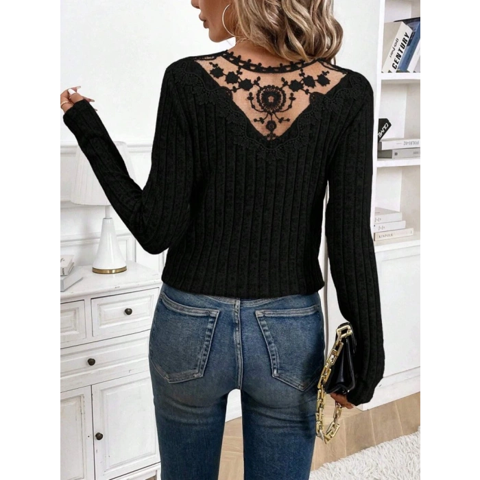 Kadın Uzun Kollu V Yakalı Arkadan Dantel Detaylı şardonlu Kaşkorse Bluz