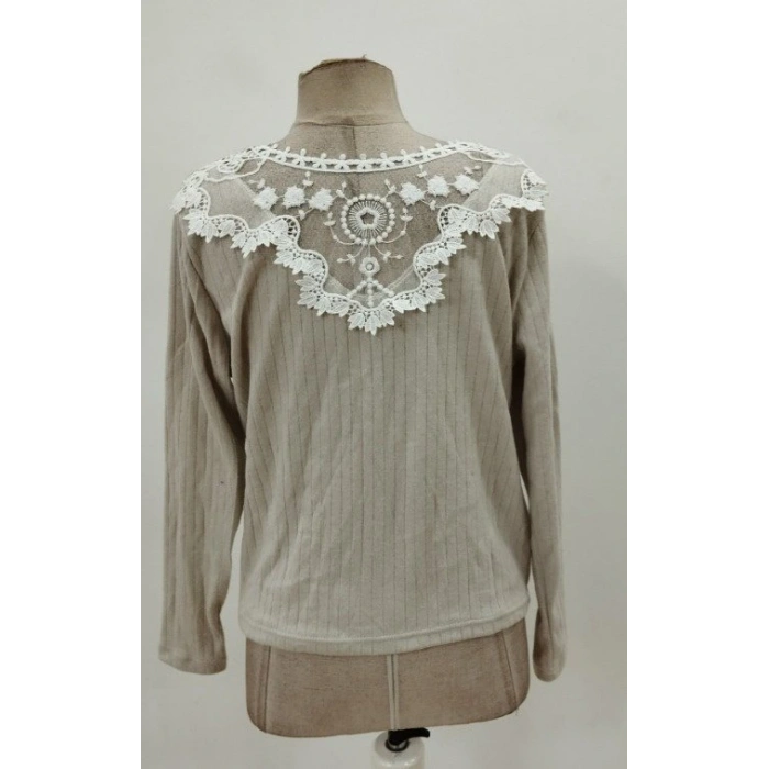 Kadın Uzun Kollu V Yakalı Arkadan Dantel Detaylı şardonlu Kaşkorse Bluz