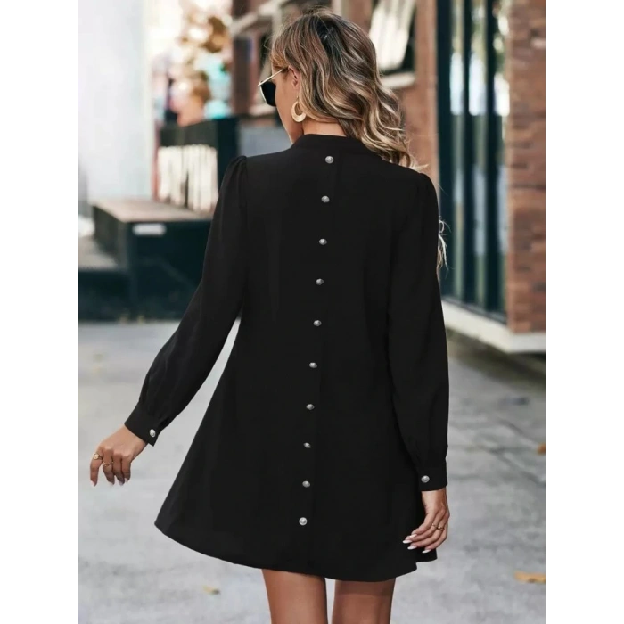 Kadın Uzun Kollu V Yakalı Arkadan Düğmeli Mini Ithal Krep Elbise