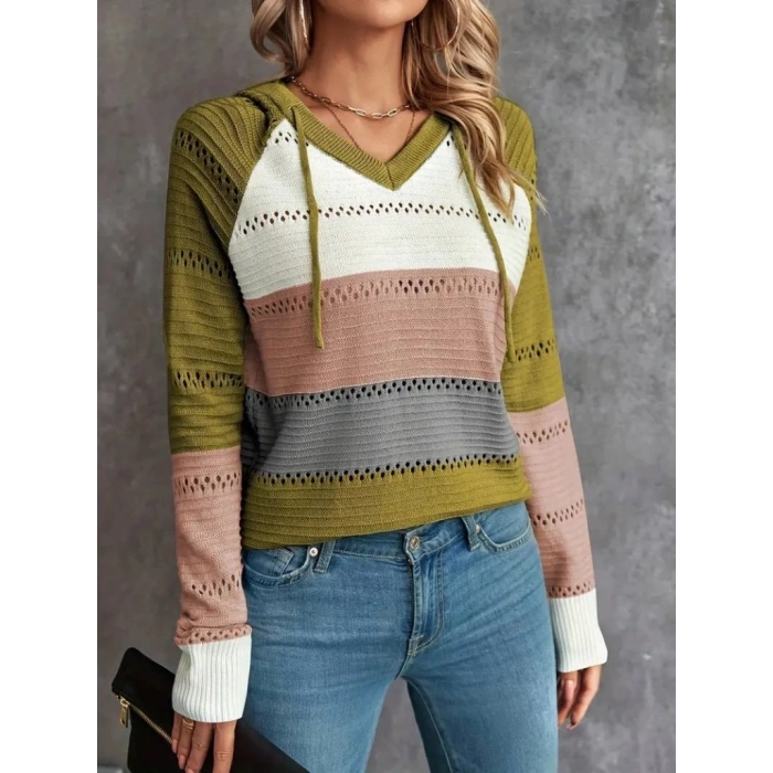 Kadın Uzun Kollu V Yakalı Bağcıklı Kapşonlu Triko Bluz