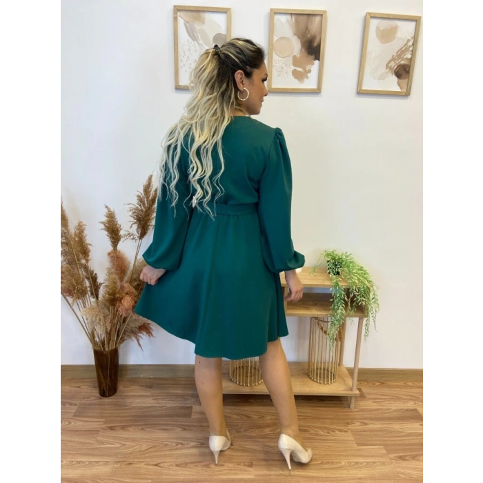 Kadın Uzun Kollu V Yakalı Belden Kuşaklı Kiloş Krep Elbise