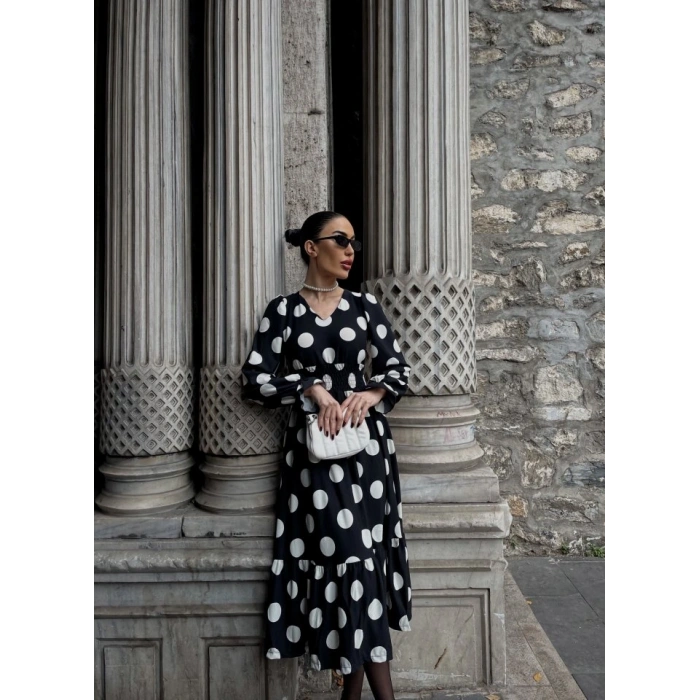 Kadın Uzun Kollu V Yakalı Beli Lastikli Puantiyeli Uzun Krep Elbise