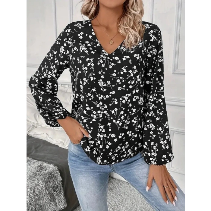 Kadın Uzun Kollu V Yakalı çiçek Desenli Modal Bluz
