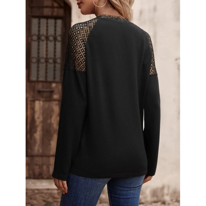 Kadın Uzun Kollu V Yakalı Dantel Detaylı Viskon Bluz