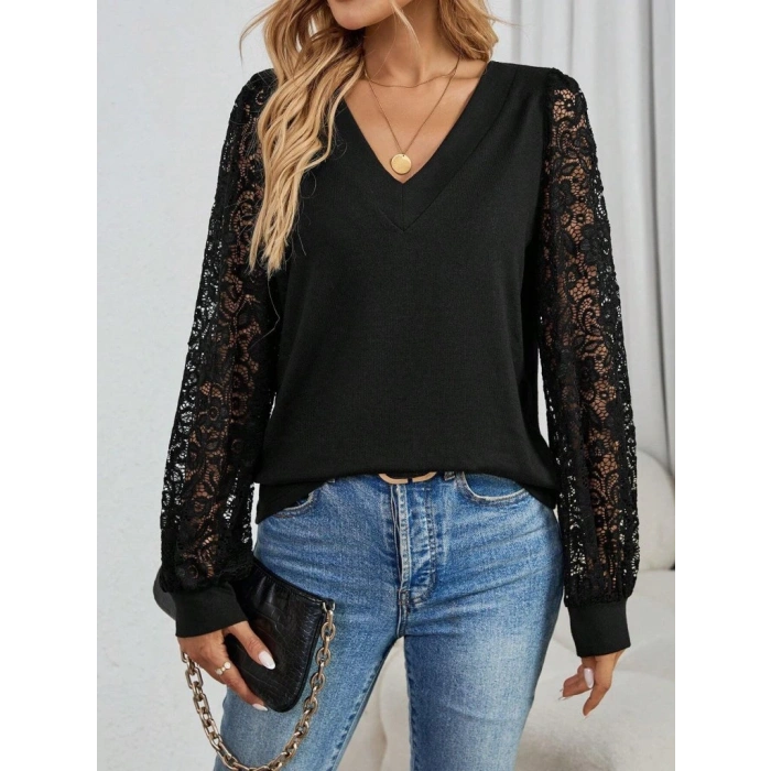 Kadın Uzun Kollu V Yakalı Dantelli Viskon Iki Iplik Bluz