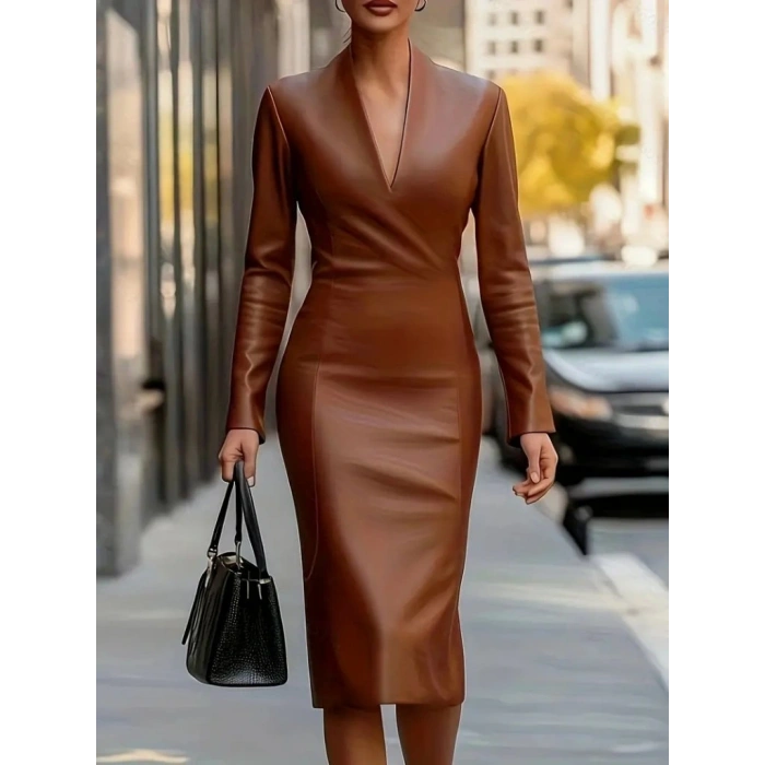 Kadın Uzun Kollu V Yakalı Deri Midi Elbise