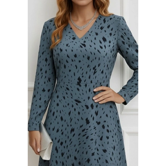Kadın Uzun Kollu V Yakalı Desenli Kısa Keten Elbise