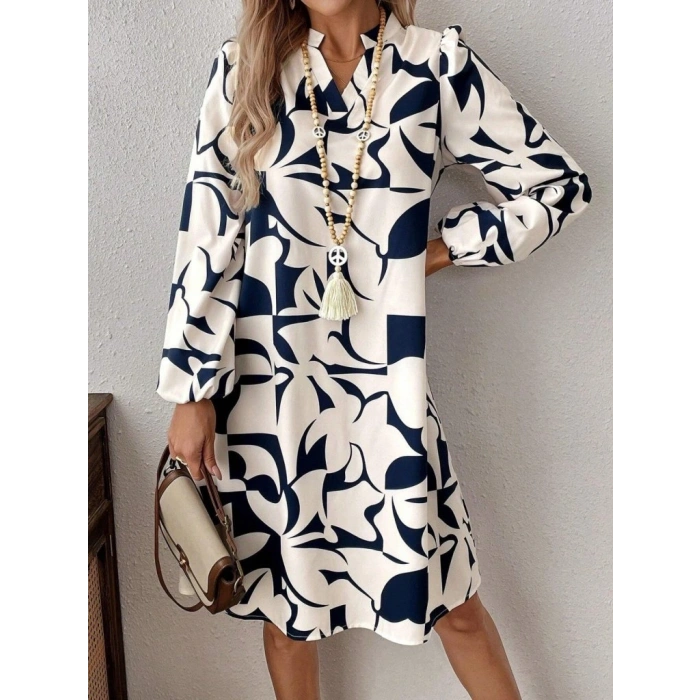 Kadın Uzun Kollu V Yakalı Desenli Modal Mini Elbise
