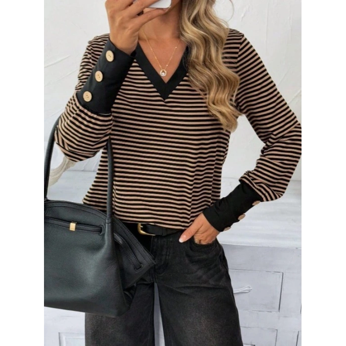 Kadın Uzun Kollu V Yakalı Desenli Süprem Bluz