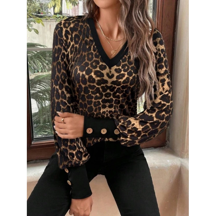 Kadın Uzun Kollu V Yakalı Desenli Süprem Bluz