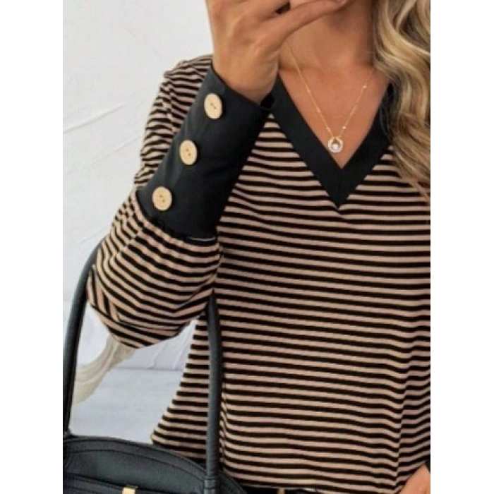 Kadın Uzun Kollu V Yakalı Desenli Süprem Bluz