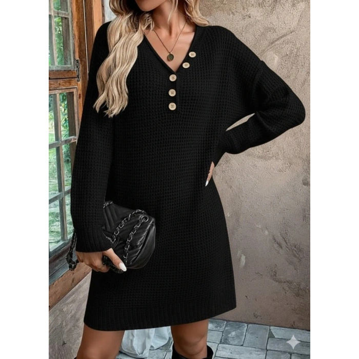 Kadın Uzun Kollu V Yakalı Düğmeli Mini Triko Elbise