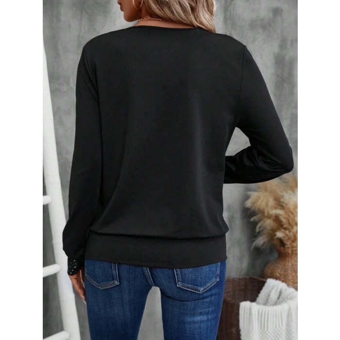 Kadın Uzun Kollu V Yakalı Içi Süprem Desenli Dışı Viskon Bluz