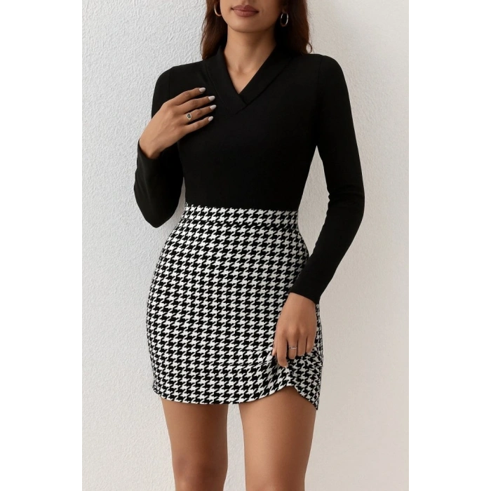 Kadın Uzun Kollu V Yakalı Kaz Ayağı Desenli şardonlu Dalgıç Elbise