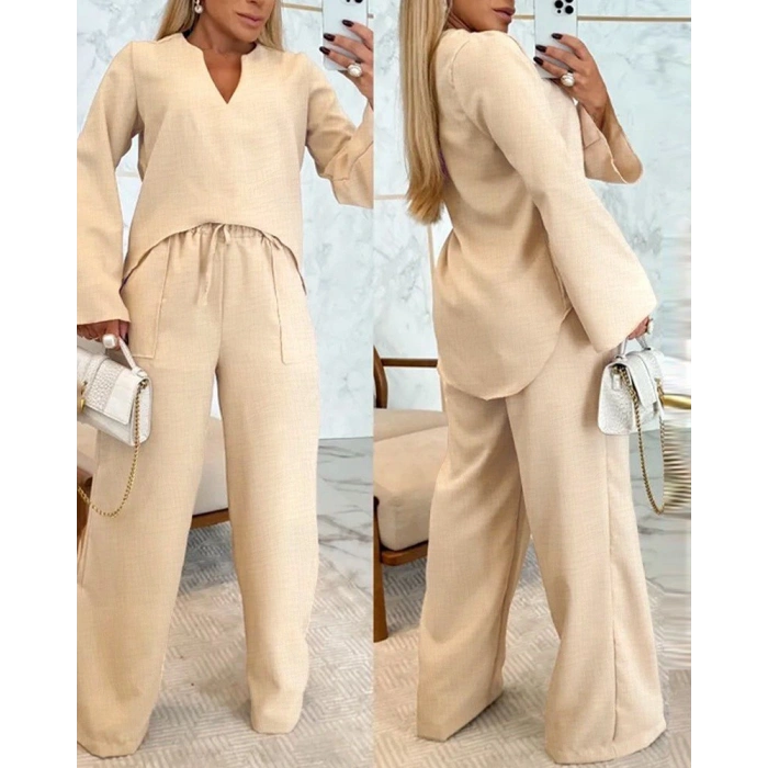 Kadın Uzun Kollu V Yakalı Keten Bluz Bağcıklı Pantolon Ikili Takım