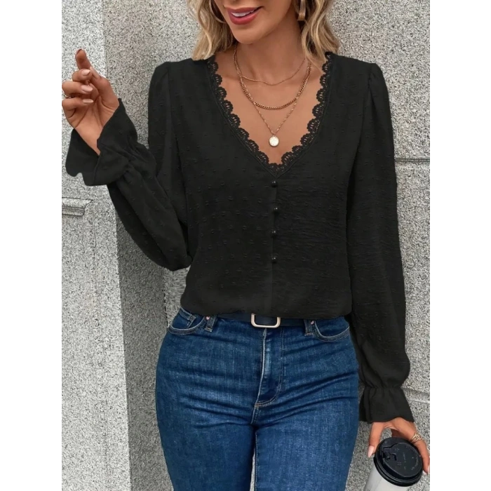 Kadın Uzun Kollu V Yakalı önden Düğmeli Bluz