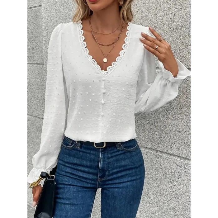 Kadın Uzun Kollu V Yakalı önden Düğmeli Bluz