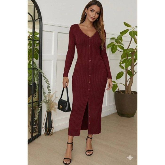 Kadın Uzun Kollu V Yakalı önden Düğmeli şardonlu Kaşkorse Elbise