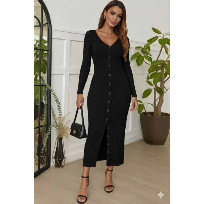 Kadın Uzun Kollu V Yakalı önden Düğmeli şardonlu Kaşkorse Elbise