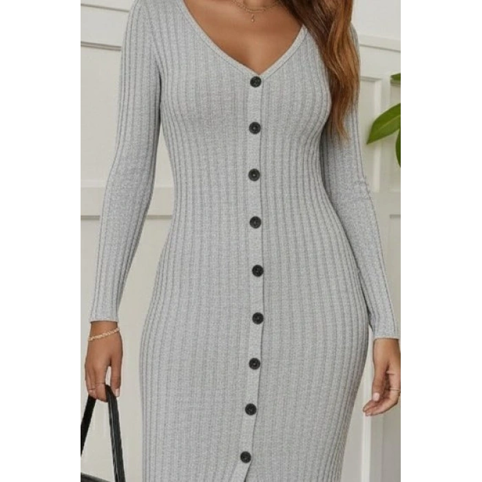 Kadın Uzun Kollu V Yakalı önden Düğmeli şardonlu Kaşkorse Elbise