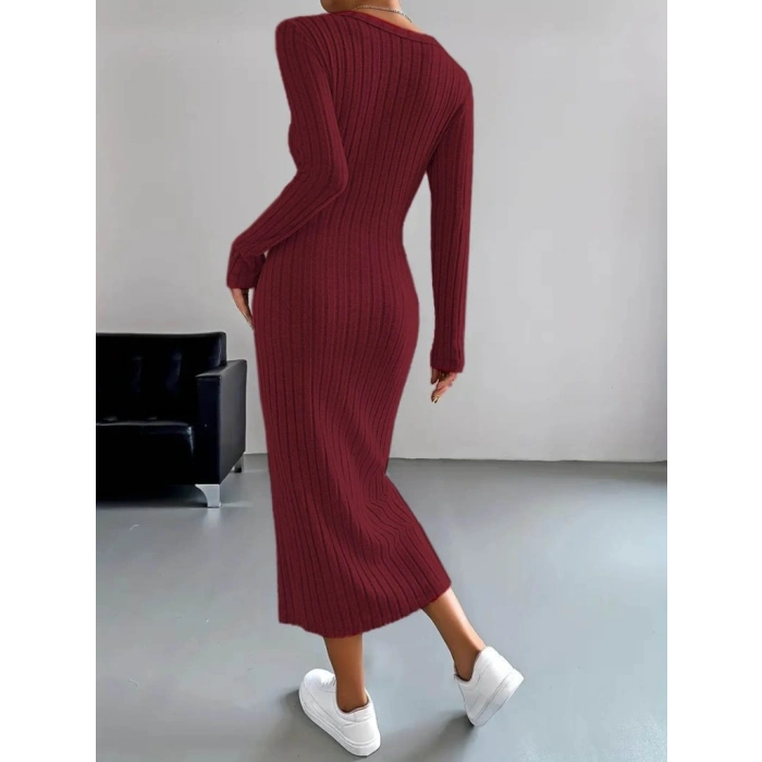 Kadın Uzun Kollu V Yakalı önden Düğmeli şardonlu Kaşkorse Elbise