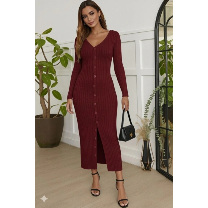 Kadın Uzun Kollu V Yakalı önden Düğmeli şardonlu Kaşkorse Elbise