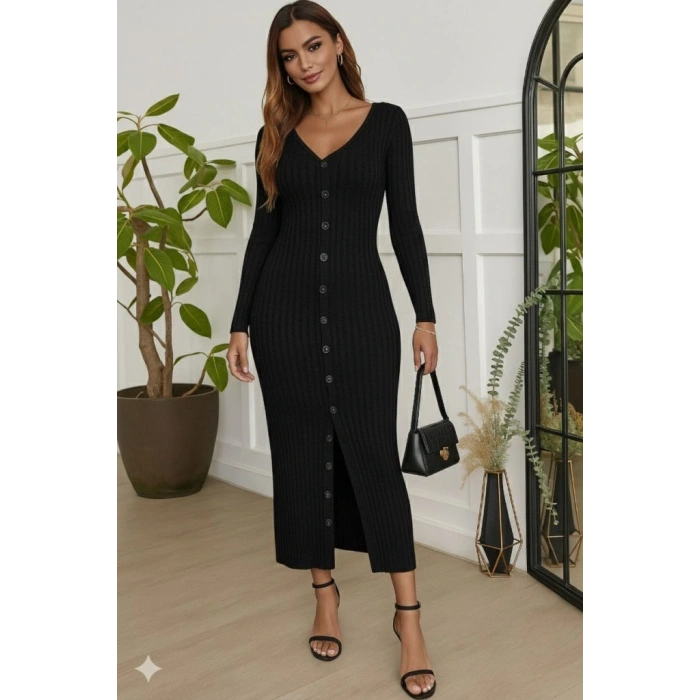 Kadın Uzun Kollu V Yakalı önden Düğmeli şardonlu Kaşkorse Elbise